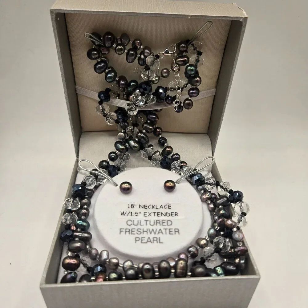 New Cultured Freshwater Pearl 3 Strand Necklace Earring Set Black Peacock Crysta